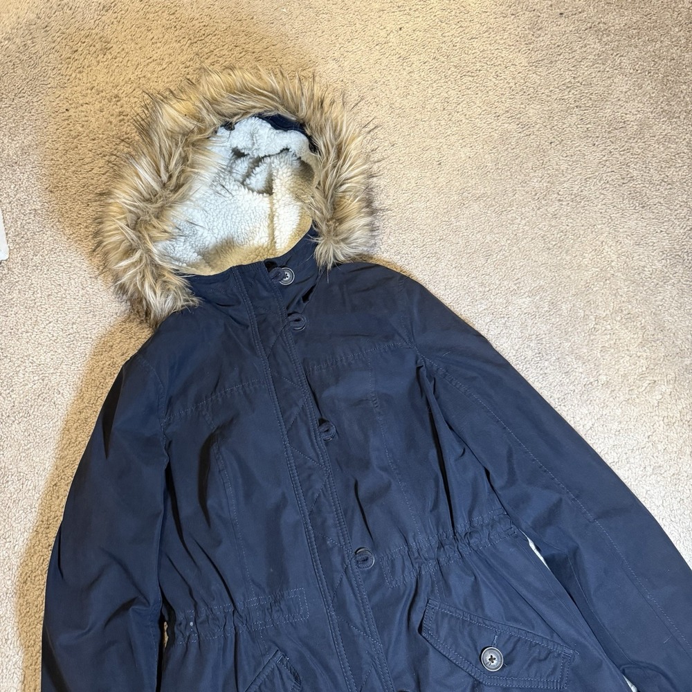 Hollister‎ Y2K Fur Trim Hood Parka Coat Navy Blue Jacket Sherpa Lined Preppy M
